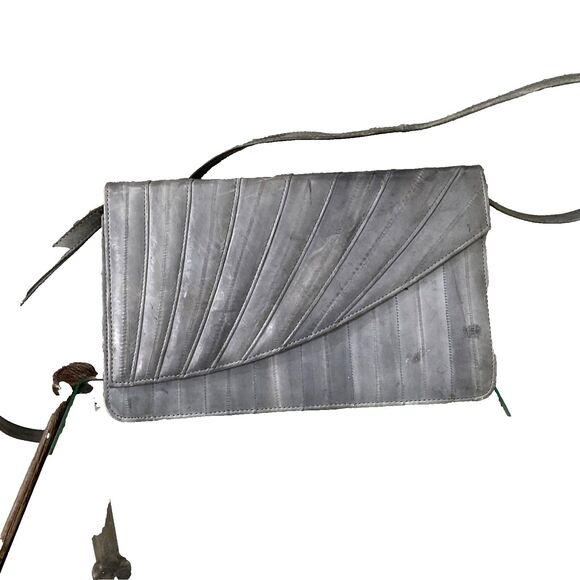 Vintage Eel Skin Leather Gray Handbag Clutch Shoulder Bag Purse removable strap - Picture 2 of 13
